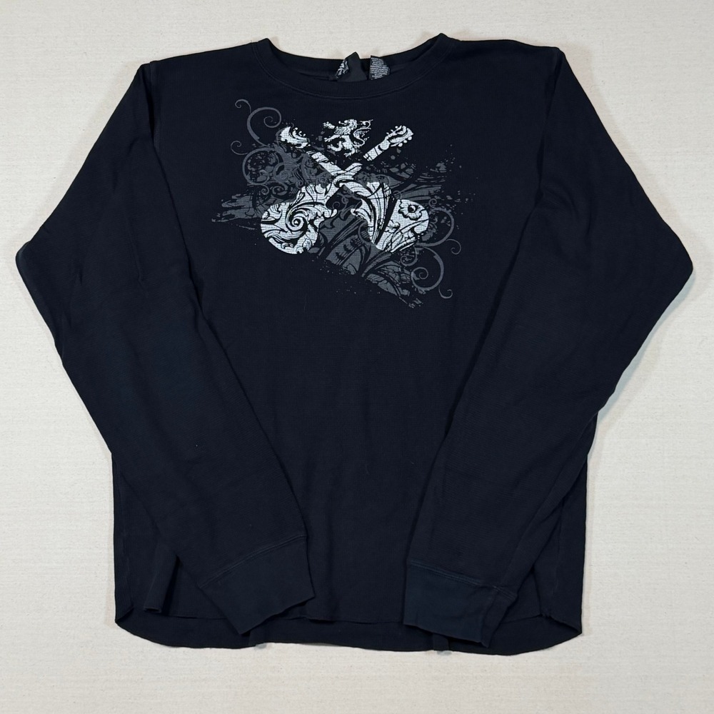 Point Zero Mens XL Black Thermal Shirt Crossed Guitars Waffle Knit Essentials